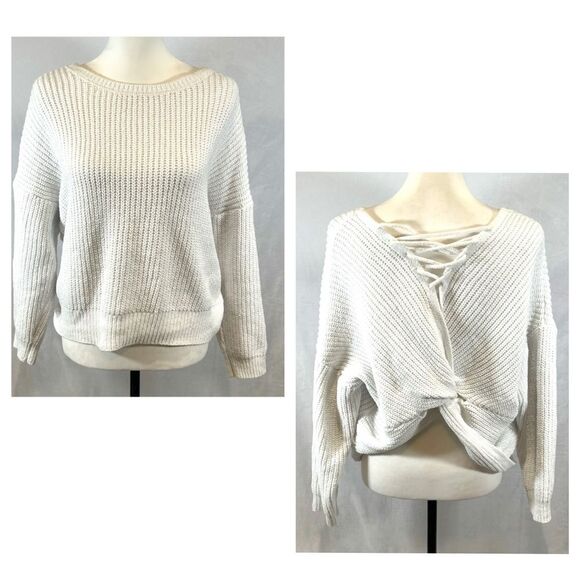 White lace up twist back sweater size large - Picture 1 of 6